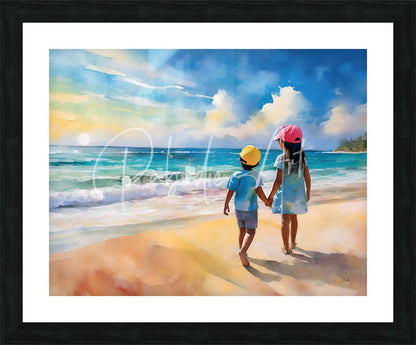Framed watercolor painting big sister and me of two children walking hand in hand on sandy beach under blue sky