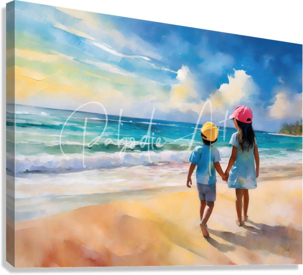 Big sister and me watercolor beach scene canvas painting of two children holding hands in soft blues and sandy tones