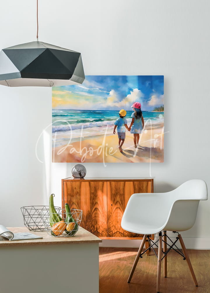 Big sister and me beach scene canvas painting of two children holding hands in vibrant blues and warm sandy tones