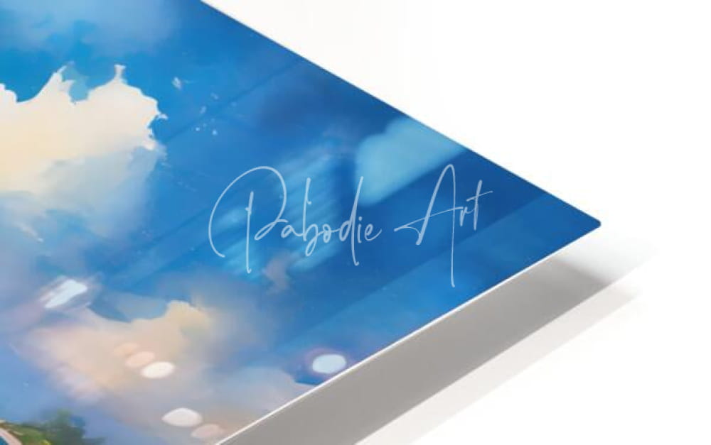 A sleek modern art print titled big sister and me featuring a vibrant blue sky with soft white clouds and silver cursive pabodie art signature