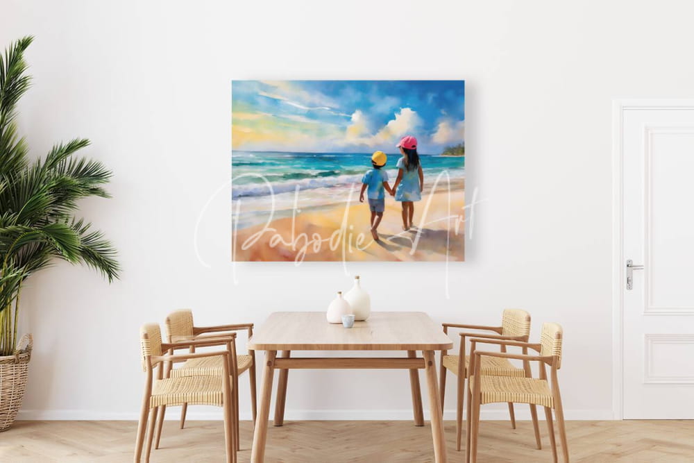 Beach scene canvas painting big sister and me with two children walking hand in hand under vibrant blue and gold sky