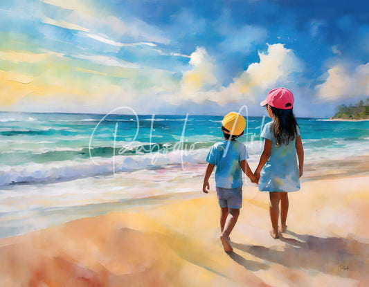 A watercolor painting titled Big Sister and Me showing two children in light blue outfits walking hand-in-hand on a sandy beach