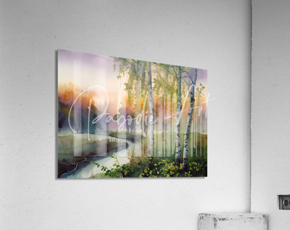 Birch creek watercolor acrylic print featuring birch trees with white bark and green leaves against a colorful sky