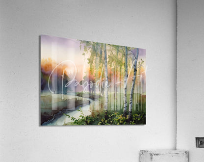 Birch creek watercolor acrylic print featuring birch trees with white bark and green leaves against a colorful sky