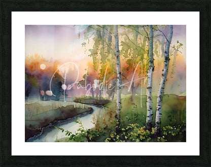 Birch creek watercolor painting of a serene forest with birch trees and winding stream framed in black