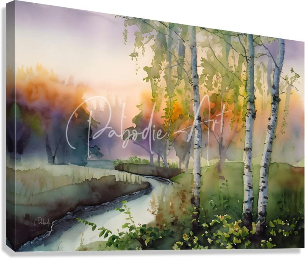 Birch creek watercolor landscape painting on stretched canvas featuring birch trees and winding stream under purple sky