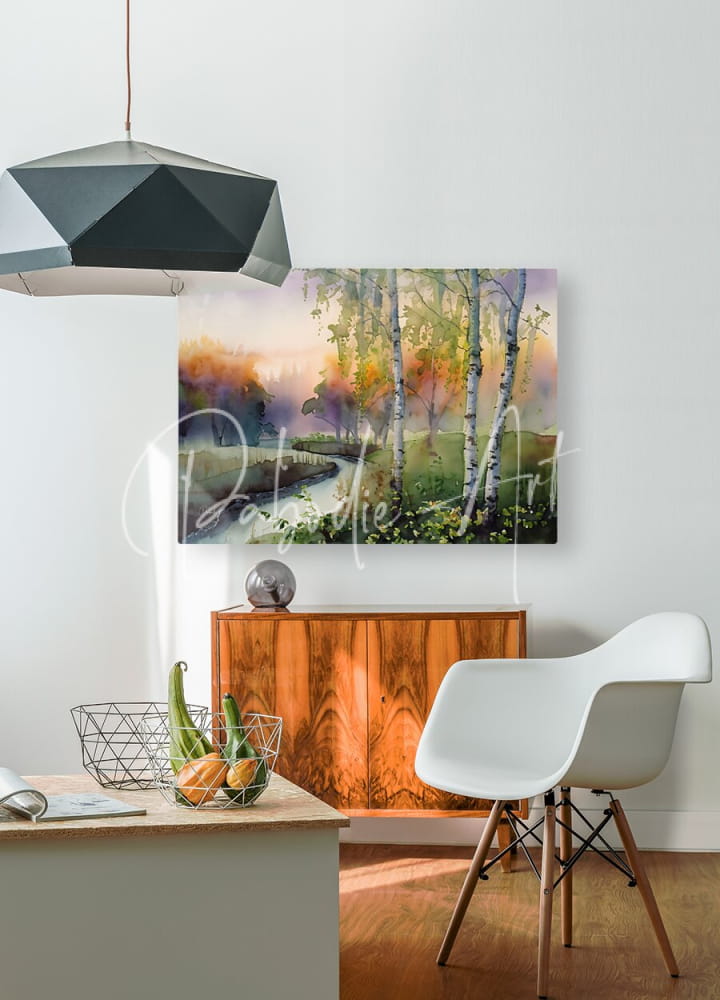 Watercolor painting of birch trees along a river at dawn with soft pastel hues on canvas titled birch creek watercolor