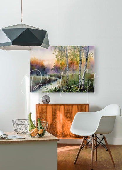 Watercolor painting of birch trees along a river at dawn with soft pastel hues on canvas titled birch creek watercolor