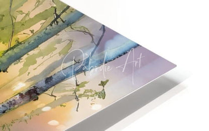 Birch creek watercolor print featuring soft greens blues and warm sunset hues on sleek white acrylic surface