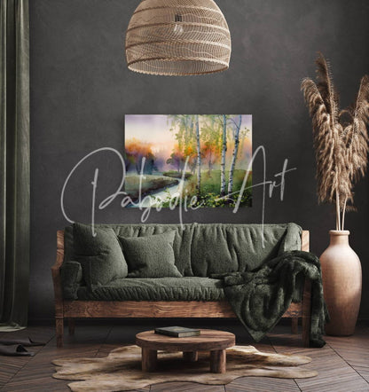 Watercolor painting of birch creek with birch trees and winding path in orange yellow green and purple on canvas