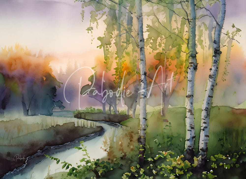 A watercolor painting titled birch creek watercolor depicting a serene forest with birch trees and a gentle stream reflection