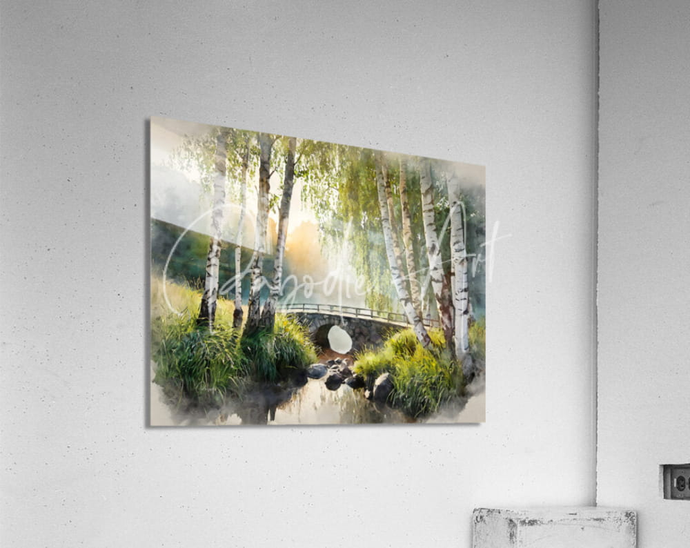 Watercolor-style landscape print birch trees stone bridge over stream with mossy rocks and green grass titled birch glen stone bridge