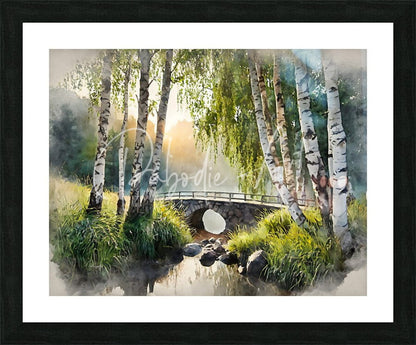 Framed watercolor painting of a serene birch forest with a stone bridge over a gentle stream in soft greens and whites