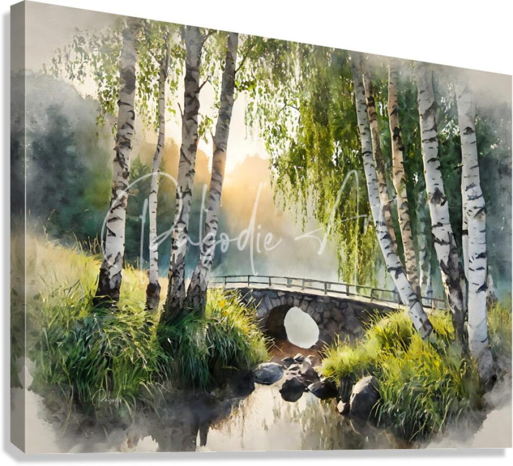 Watercolor landscape canvas birch glen stone bridge featuring birch trees stone bridge and soft morning light