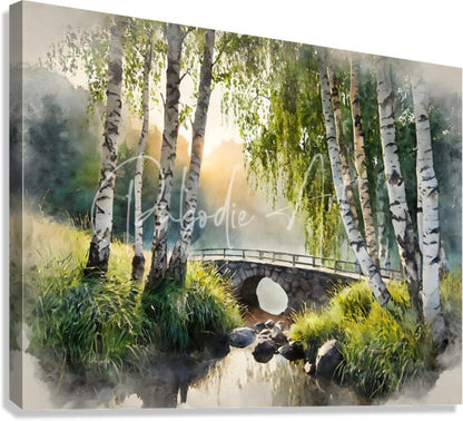 Watercolor landscape canvas birch glen stone bridge featuring birch trees stone bridge and soft morning light