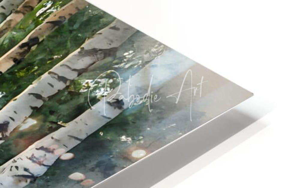 A sleek modern acrylic print titled Birch Glen Stone Bridge featuring white birch trees and mossy forest ground