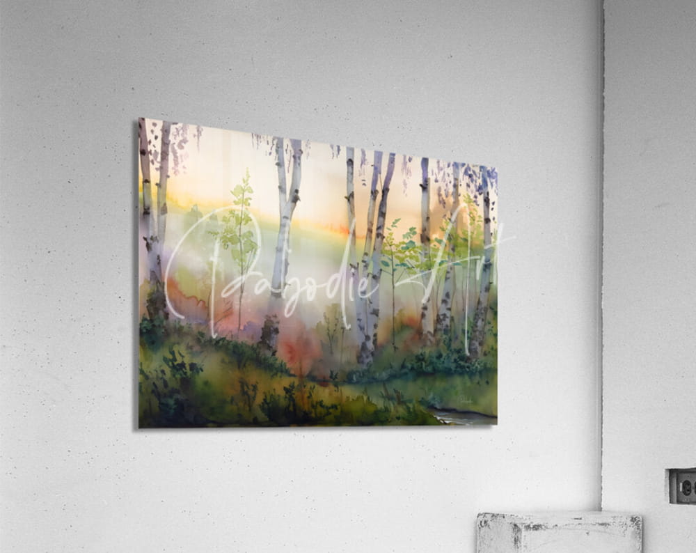 Watercolor acrylic print of birch forest at dawn with soft pastel hues titled The Birch Row