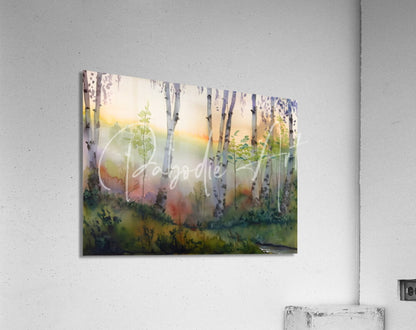 Watercolor acrylic print of birch forest at dawn with soft pastel hues titled The Birch Row