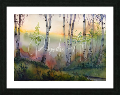 The Birch Row watercolor painting of birch trees in a misty forest at dawn framed in black for wall decor