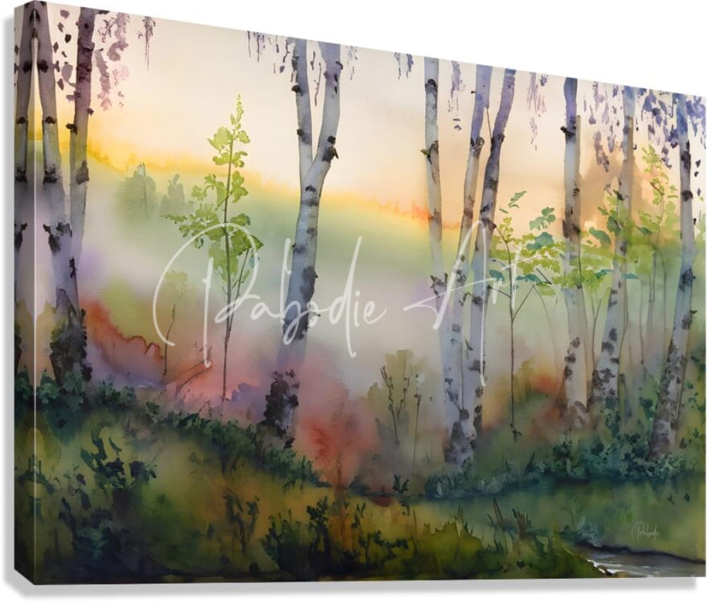 Watercolor canvas painting titled the birch row of birch trees in a misty forest at dawn with soft orange yellow green and purple hues