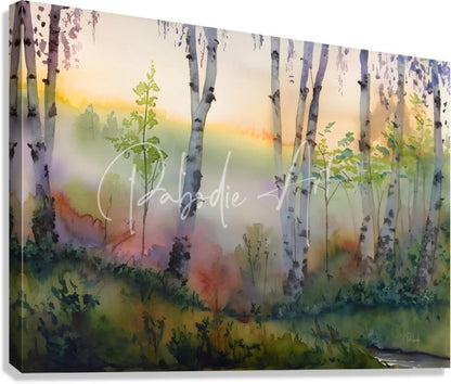 Watercolor canvas painting titled the birch row of birch trees in a misty forest at dawn with soft orange yellow green and purple hues
