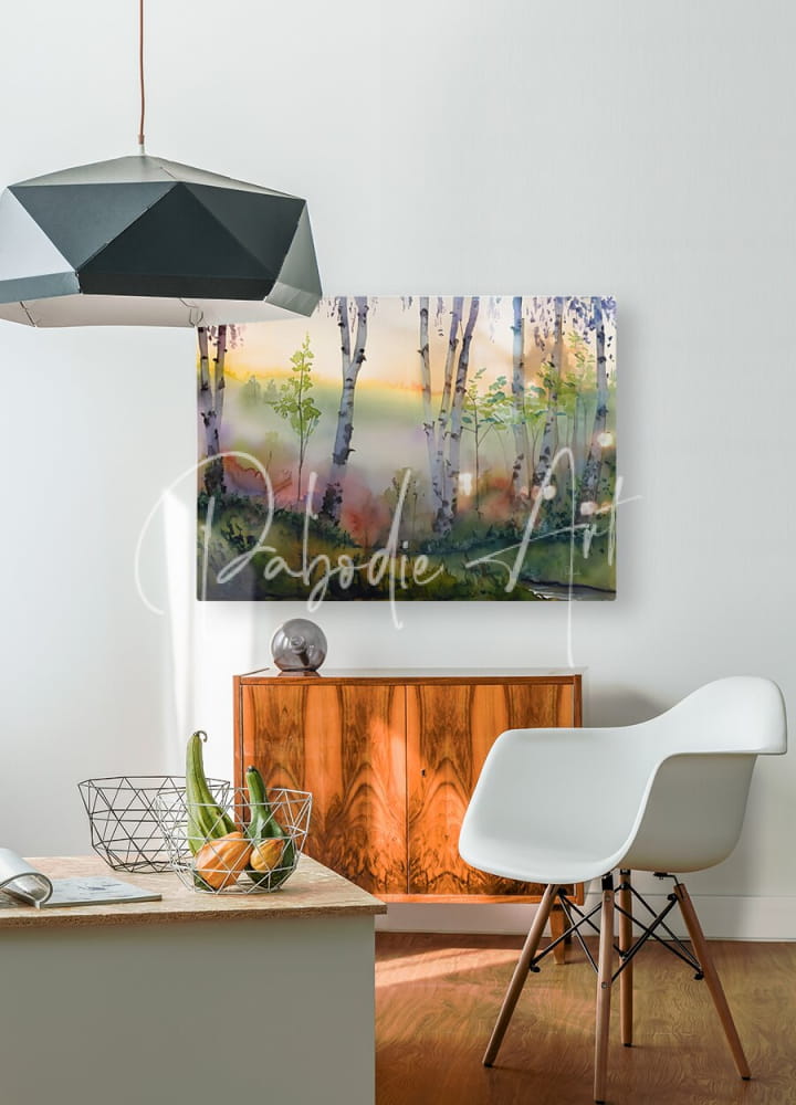 The birch row acrylic print features a misty birch forest scene in soft watercolor tones for home decor