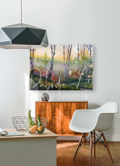 The birch row acrylic print features a misty birch forest scene in soft watercolor tones for home decor