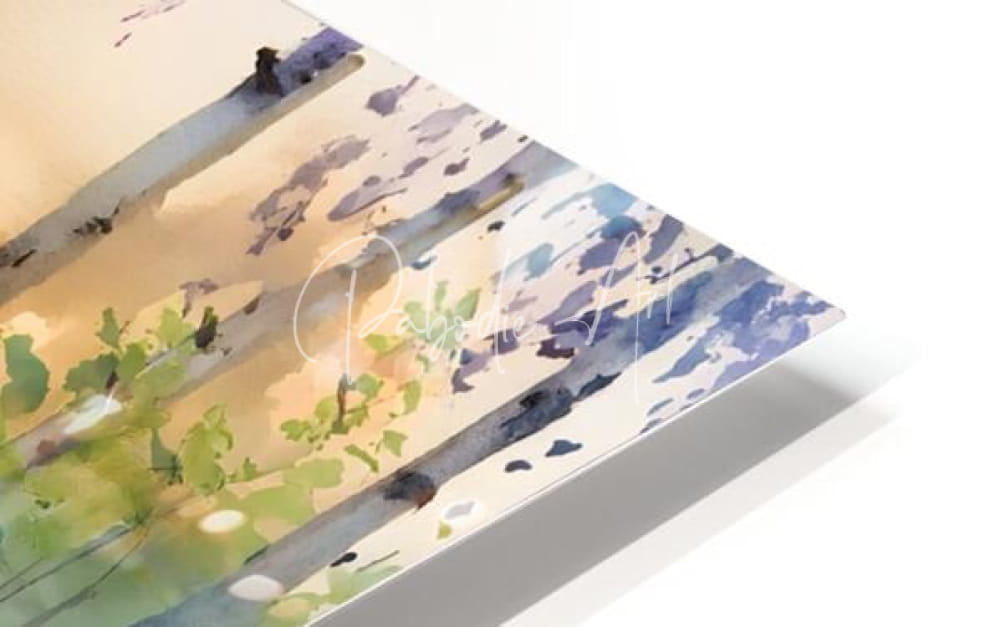 The birch row watercolor landscape print features white acrylic float framing with a smooth modern finish