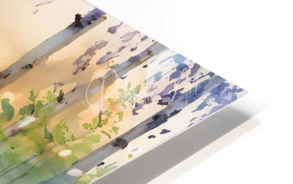 The birch row watercolor landscape print features white acrylic float framing with a smooth modern finish