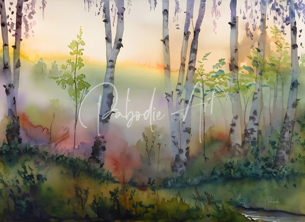 Watercolor painting titled the birch row featuring pastel birch trees at dawn with misty soft pastel hues
