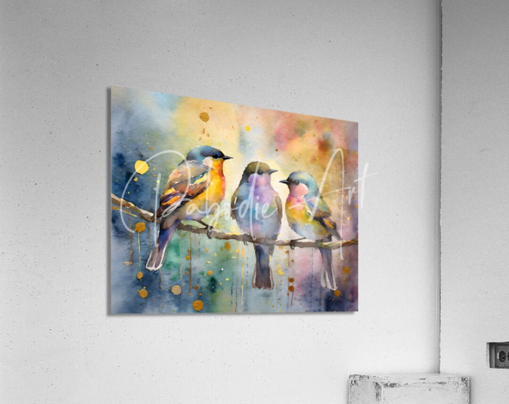 Watercolor painting of three colorful birds perched on a branch with soft blended hues and splattered accents