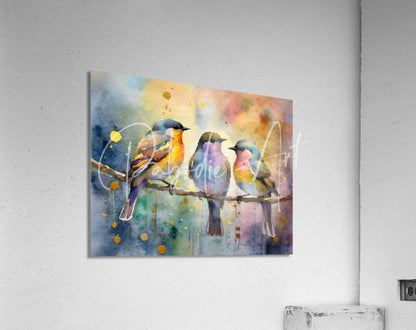 Watercolor painting of three colorful birds perched on a branch with soft blended hues and splattered accents