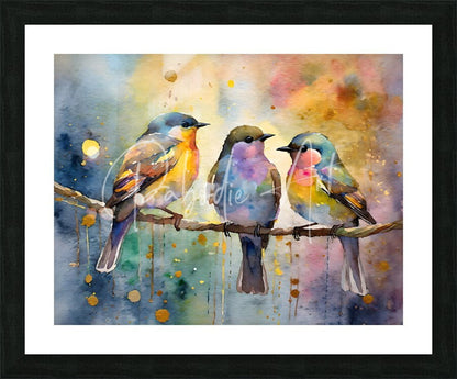 Watercolor painting of three colorful birds perched on a branch framed in black titled birds in the golden hour