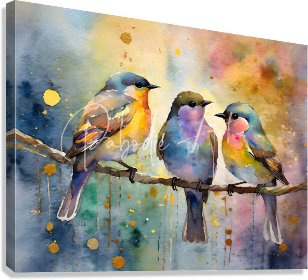 Watercolor canvas print of three colorful birds perched on a branch with a vibrant abstract background titled birds in the golden hour