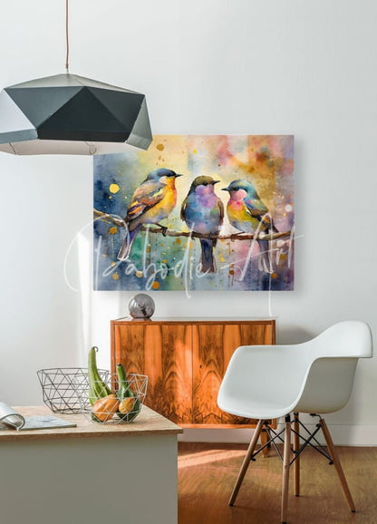 Watercolor painting of three colorful birds perched on a branch with vibrant hues in birds in the golden hour