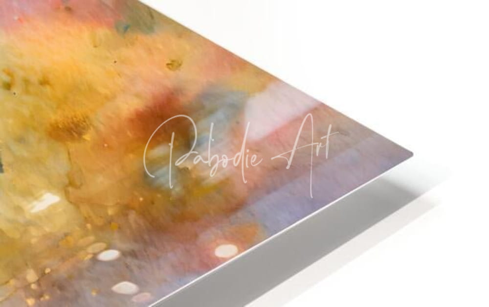 A vibrant birds in the golden hour watercolor abstract art print with gold orange and purple hues on a white mat