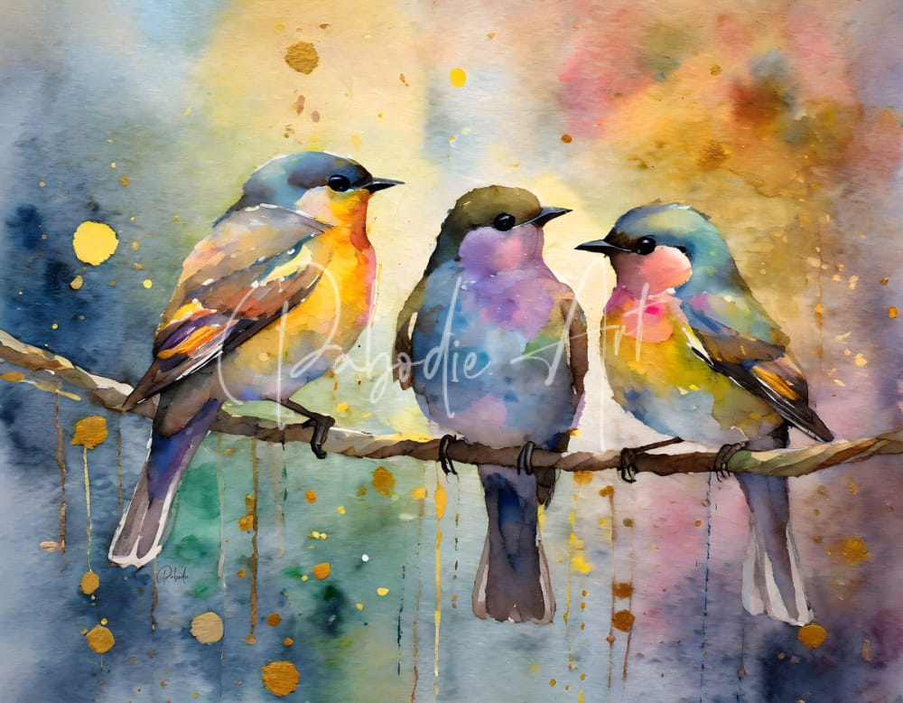 Watercolor painting of three colorful birds perched on a branch with soft hues and gold accents titled birds in the golden hour