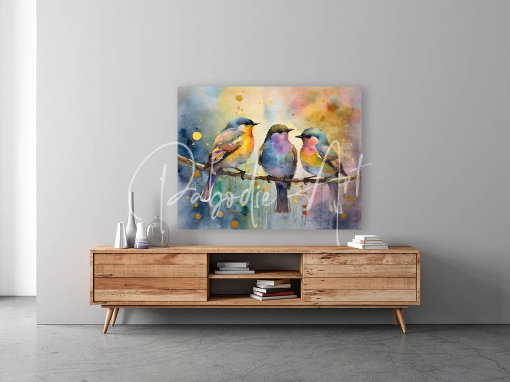Watercolor painting of three colorful birds perched on a branch with vibrant hues in birds in the golden hour