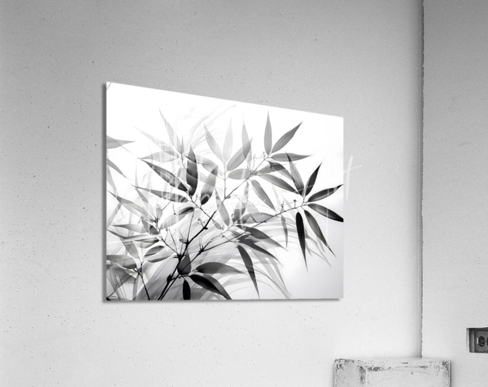 Black and white bamboo leaf artwork on a rectangular acrylic print showcasing minimalist botanical design