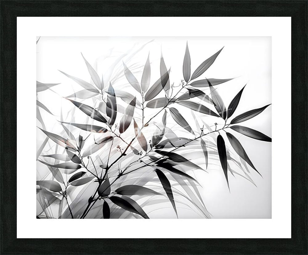 Black and white bamboo artwork featuring monochromatic layered bamboo leaves in gray and white framed in black