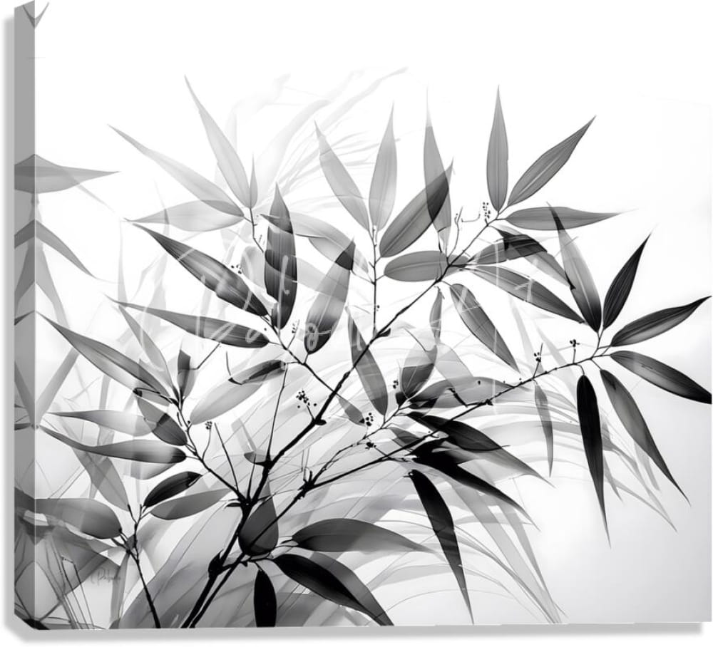 Black and white bamboo canvas print featuring delicate layered translucent bamboo leaves design