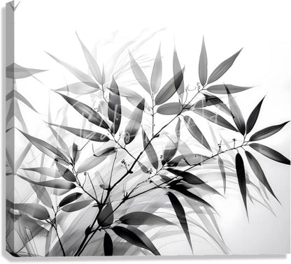 Black and white bamboo canvas print featuring delicate layered translucent bamboo leaves design
