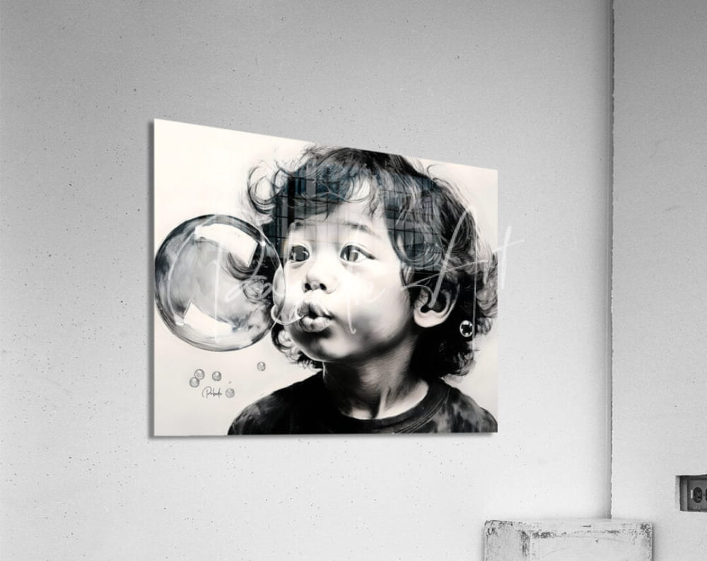 Black-and-white acrylic print titled Blowing Bubbles of a child blowing bubbles with detailed pencil-style shading and signature