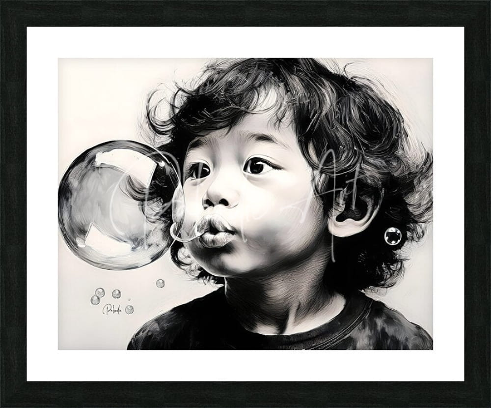 Black-and-white framed pencil sketch artwork titled blowing bubbles showing a child blowing a bubble