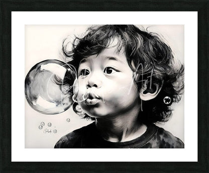 Black-and-white framed pencil sketch artwork titled blowing bubbles showing a child blowing a bubble