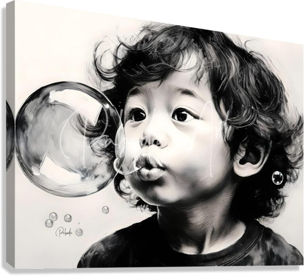 Black-and-white canvas print featuring a detailed pencil sketch of a child blowing bubbles titled blowing bubbles