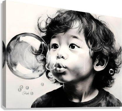 Black-and-white canvas print featuring a detailed pencil sketch of a child blowing bubbles titled blowing bubbles