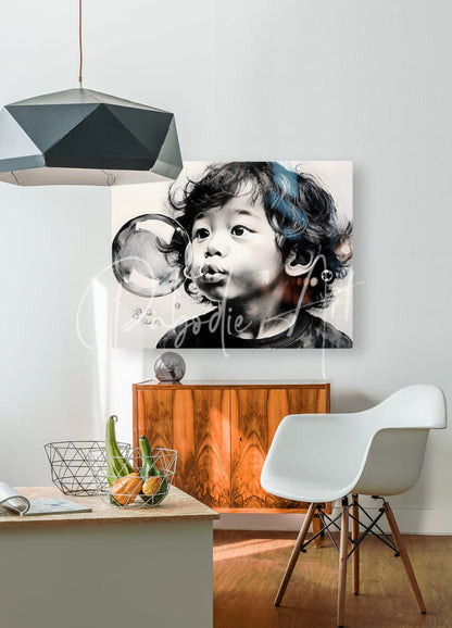 Black-and-white canvas print titled blowing bubbles of a child blowing bubbles with bold contrast and blue highlighted hair