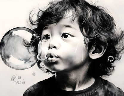 A detailed black and white pencil sketch of a child blowing a large translucent bubble with smaller bubbles floating nearby