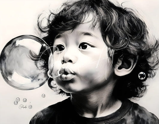A detailed black and white pencil sketch of a child blowing a large translucent bubble with smaller bubbles floating nearby